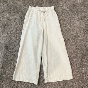 Ann Taylor Loft Wide Leg Linen Pants Beige Pull On Tie Elastic Waist Size Small